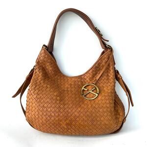 Francesco Biasia Leather Woven Shoulder Bag Purse Camel Crescent Tan